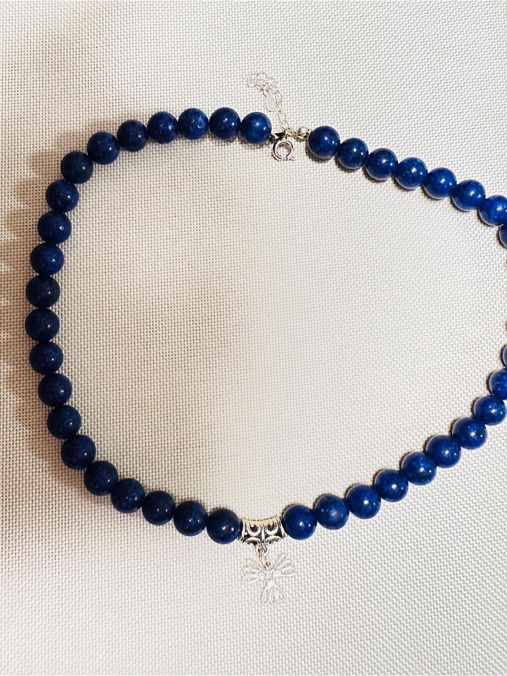 Lapis Deep Blue Beaded Necklace with 925 Silver Flower Charm